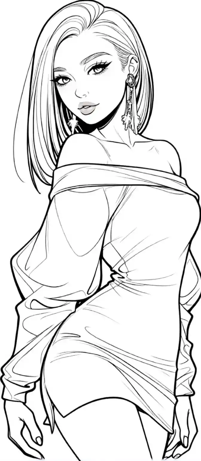 Ritratto line art di donna elegante con abito a spalle scoperte