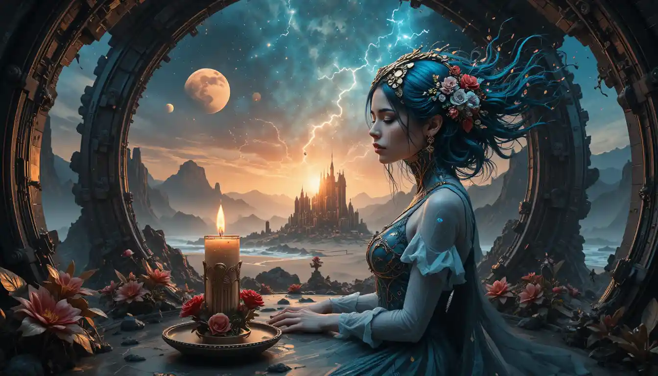 Mujer cíborg en un retrato gótico floral a bordo de una nave espacial