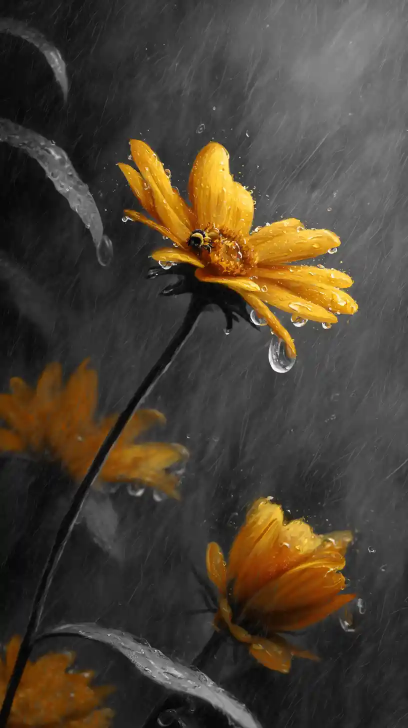 Abejorro en macro sobre pétalo de girasol bajo la lluvia