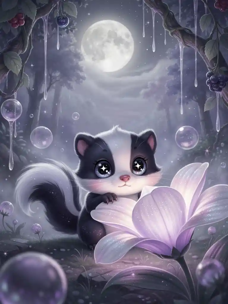 Cute chibi skunk peeking from glowing flower at night