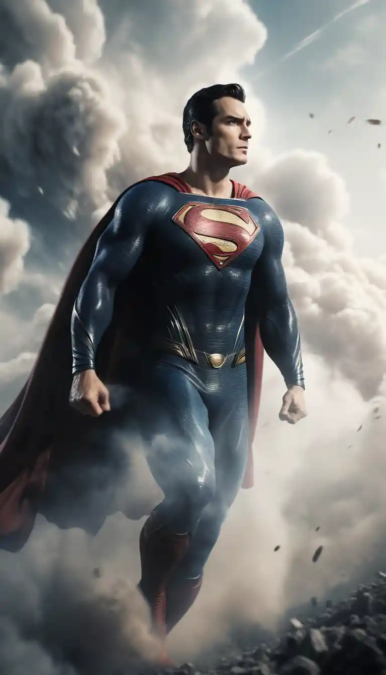 Superhero soaring at high speed through dramatic clouds