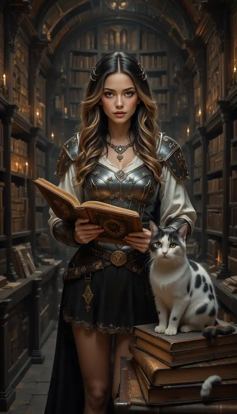 Warrior woman reading in a medieval library with cat