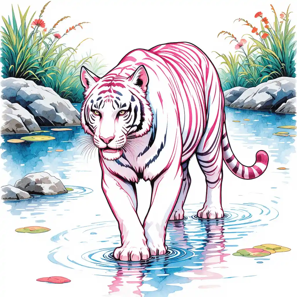 White tiger walking through a bright watercolor pond