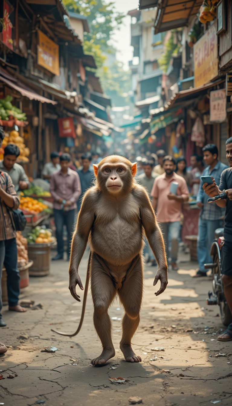 Mono Caminando Erguido por un Mercado Callejero concurrido en India