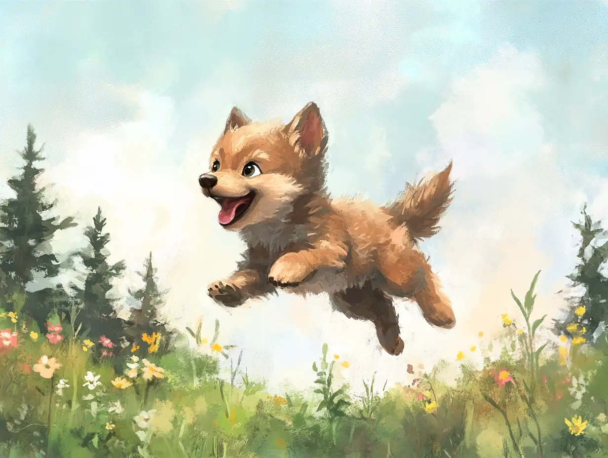 Playful baby wolf in summer forest meadow watercolor scene