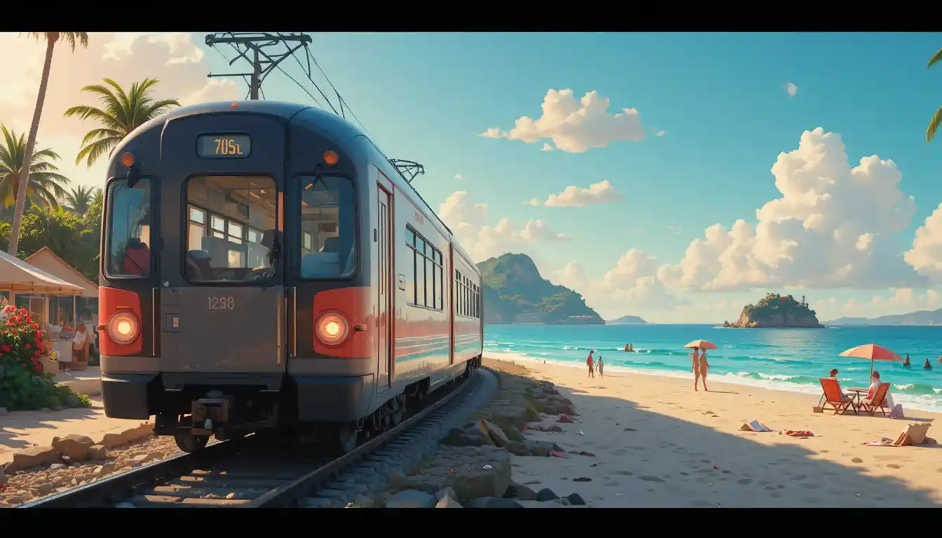 Whimsical 3D cartoon train passing along a summer beach