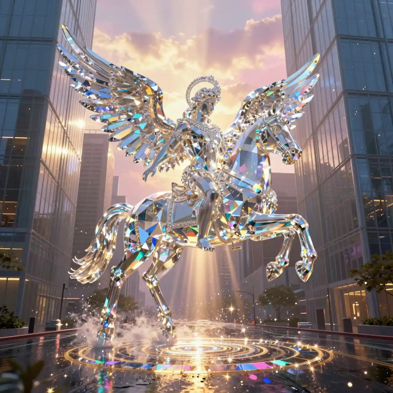 Kolossale Diamanten-Engelstatue springt über verregnete Stadtsilhouette