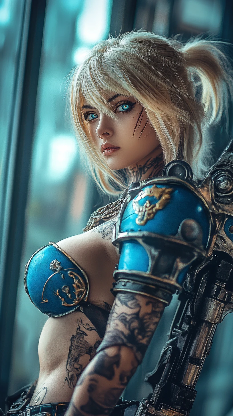 Scarred anime girl warrior with tattoos in blue armor