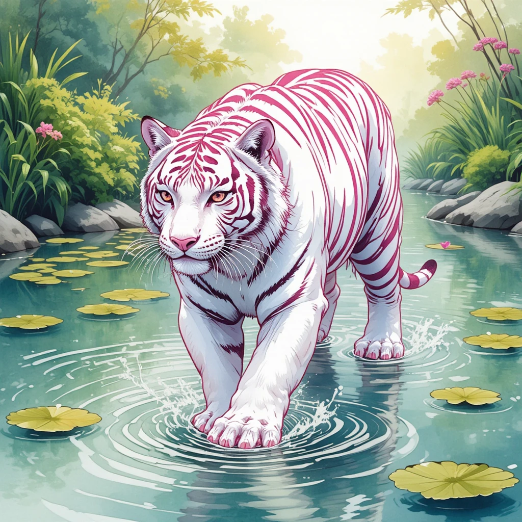 White tiger walking through a bright watercolor pond illustration