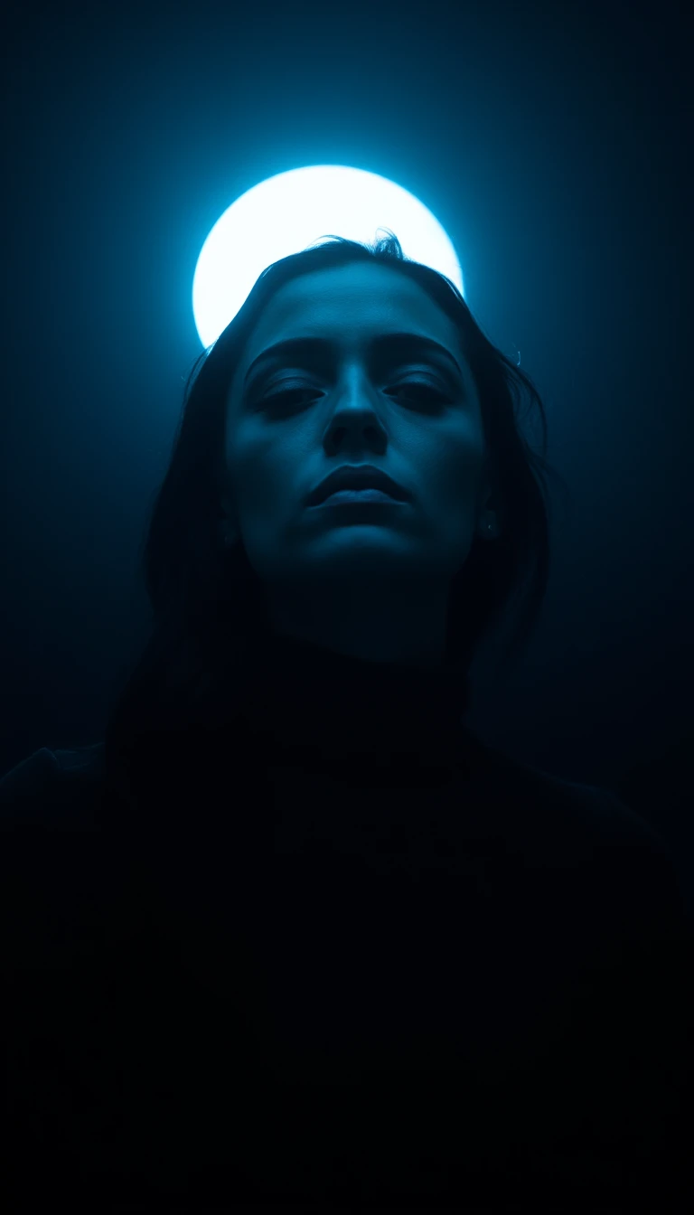 Woman standing in quiet moonlit minimalist interior scene