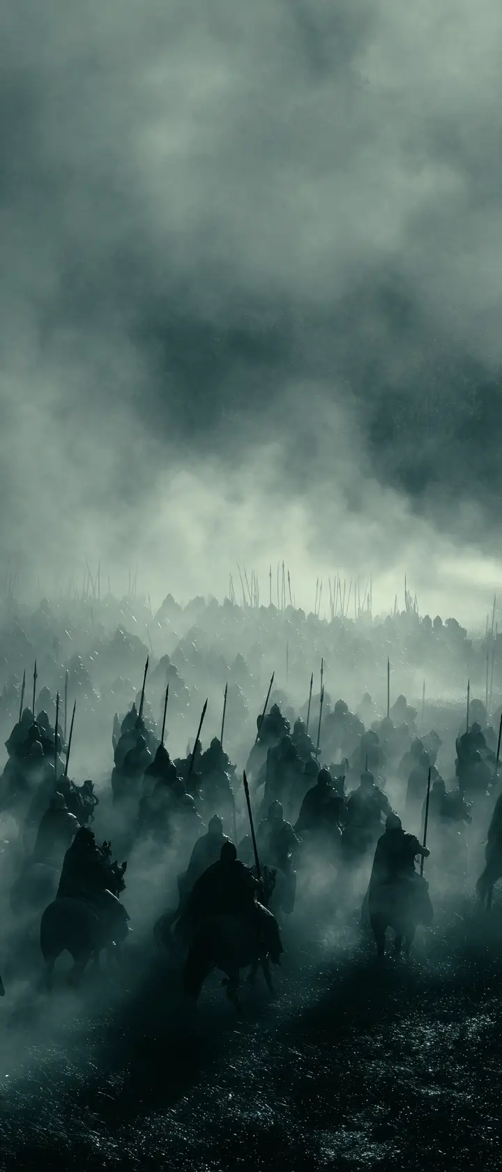 Fog shrouded fantasy battlefield with shadowy warriors