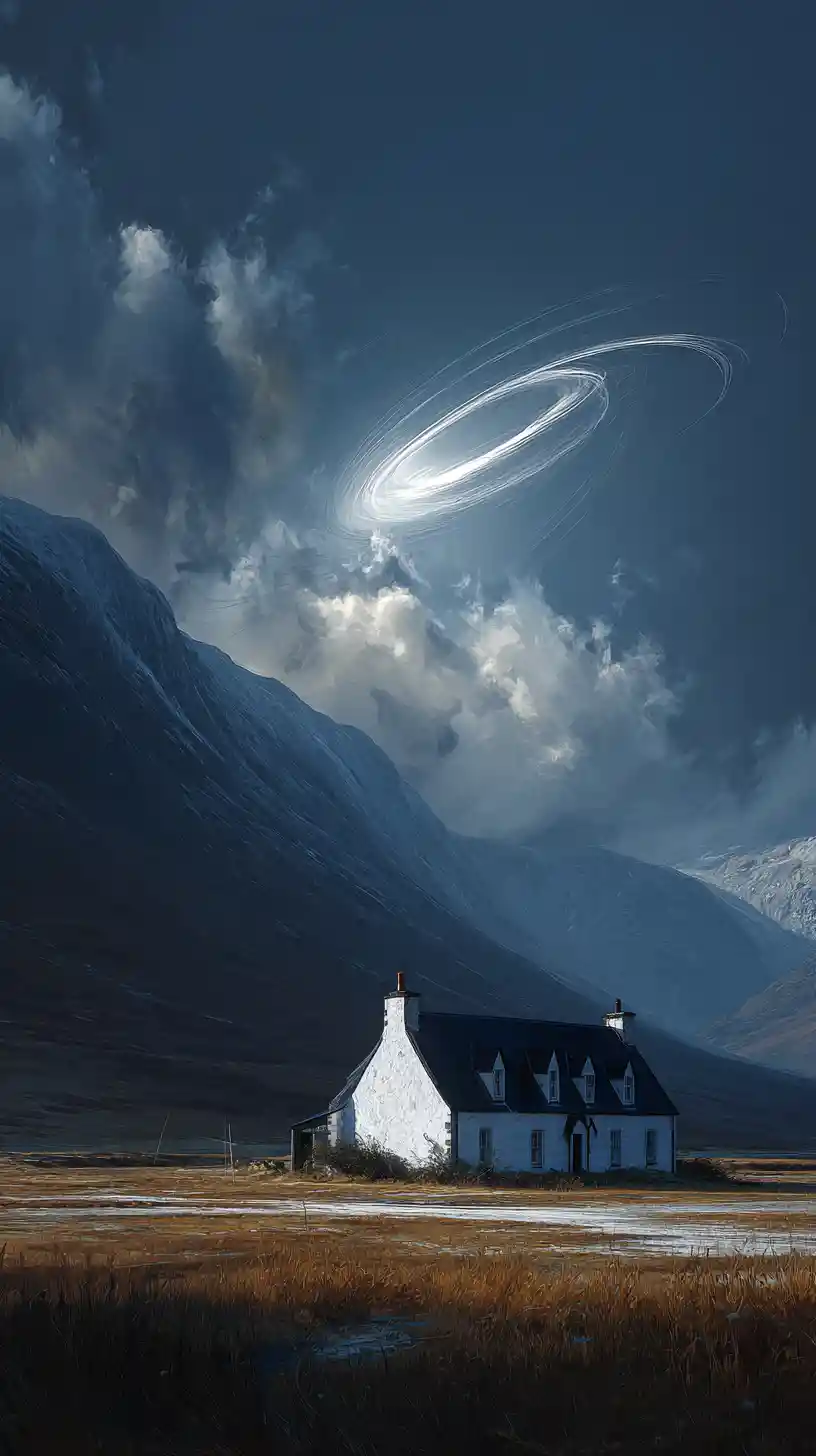Whitewashed Scottish house beneath hovering glowing oval light