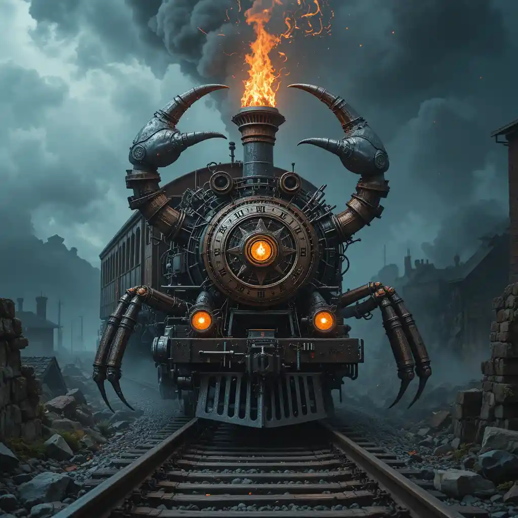 Mechanical skull with pipes at the fiery gates of hell