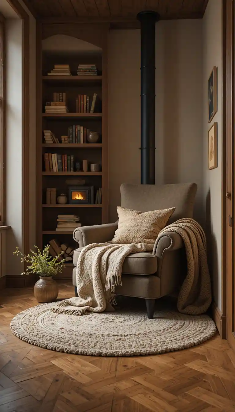 Cozy armchair reading nook with stove and bookshelf