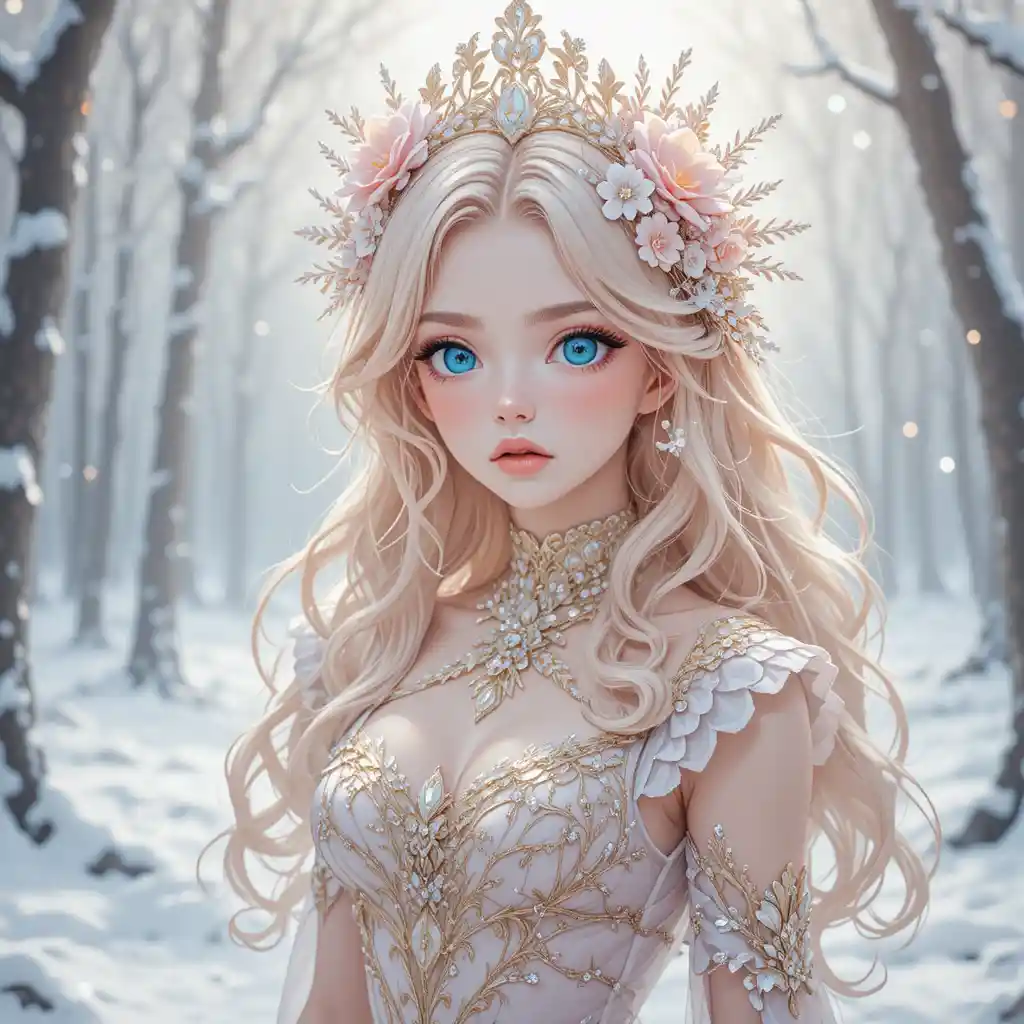 Ragazza anime con abito etereo in una foresta innevata