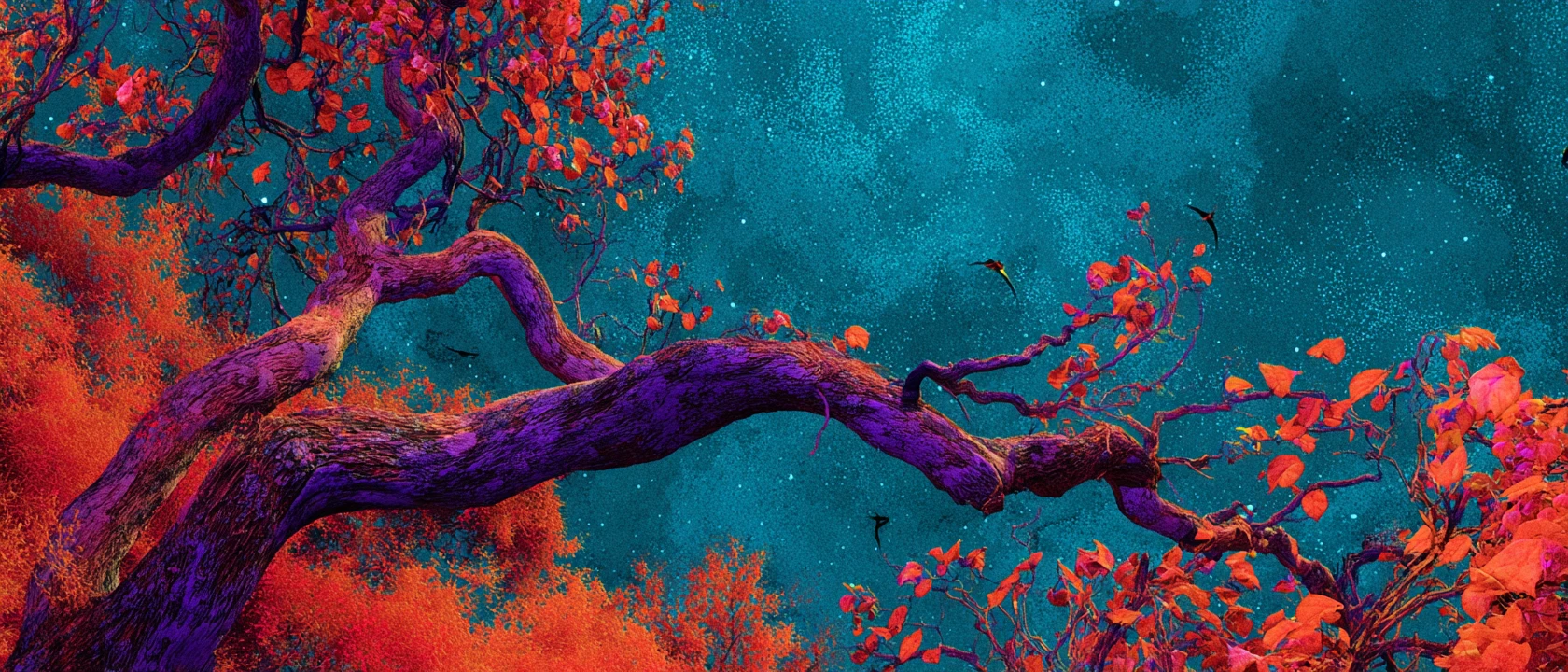Freudige surreale Meereslandschaft in leuchtendem Orange und Indigo