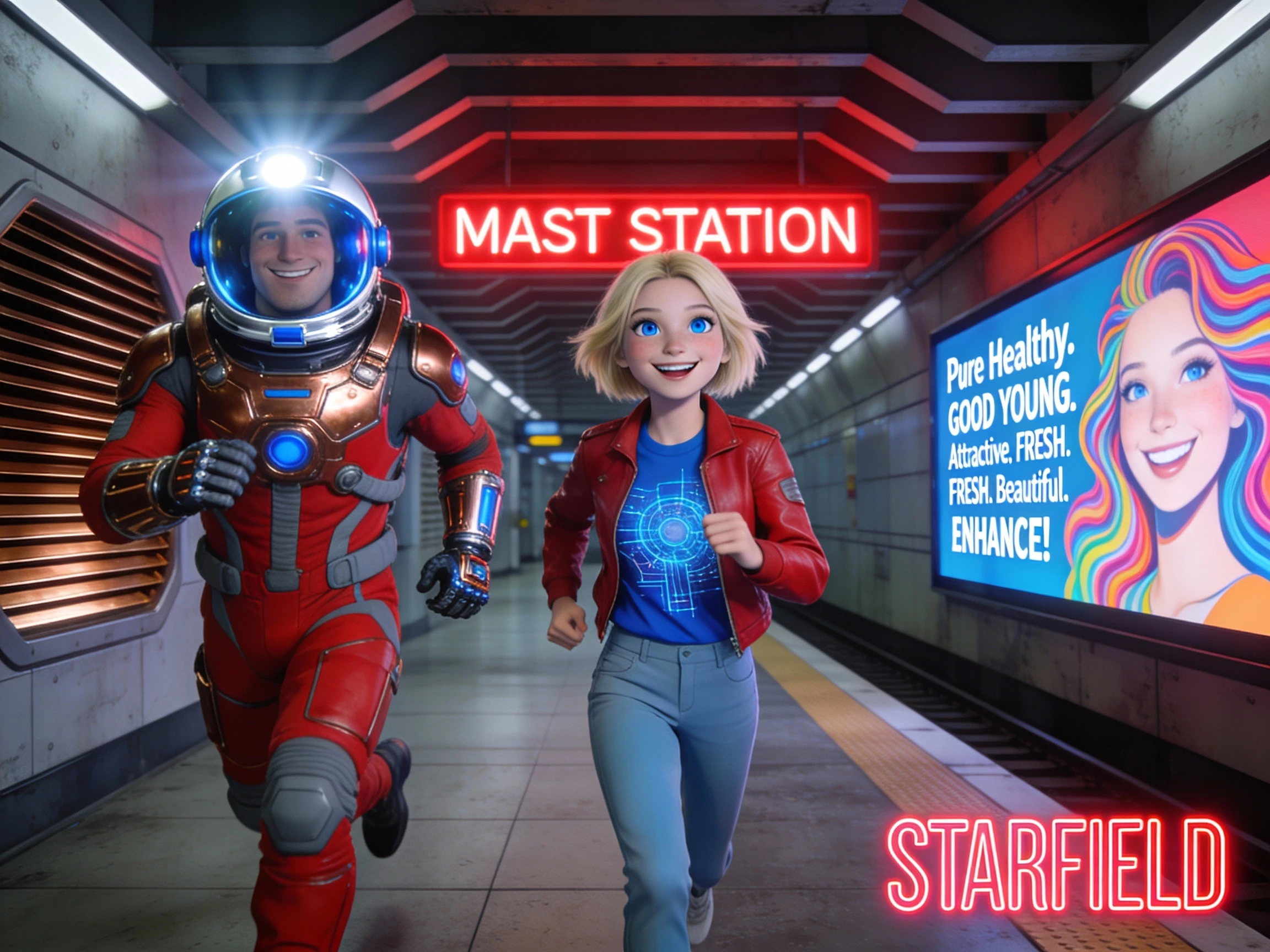 Smiling woman running in futuristic neon train station