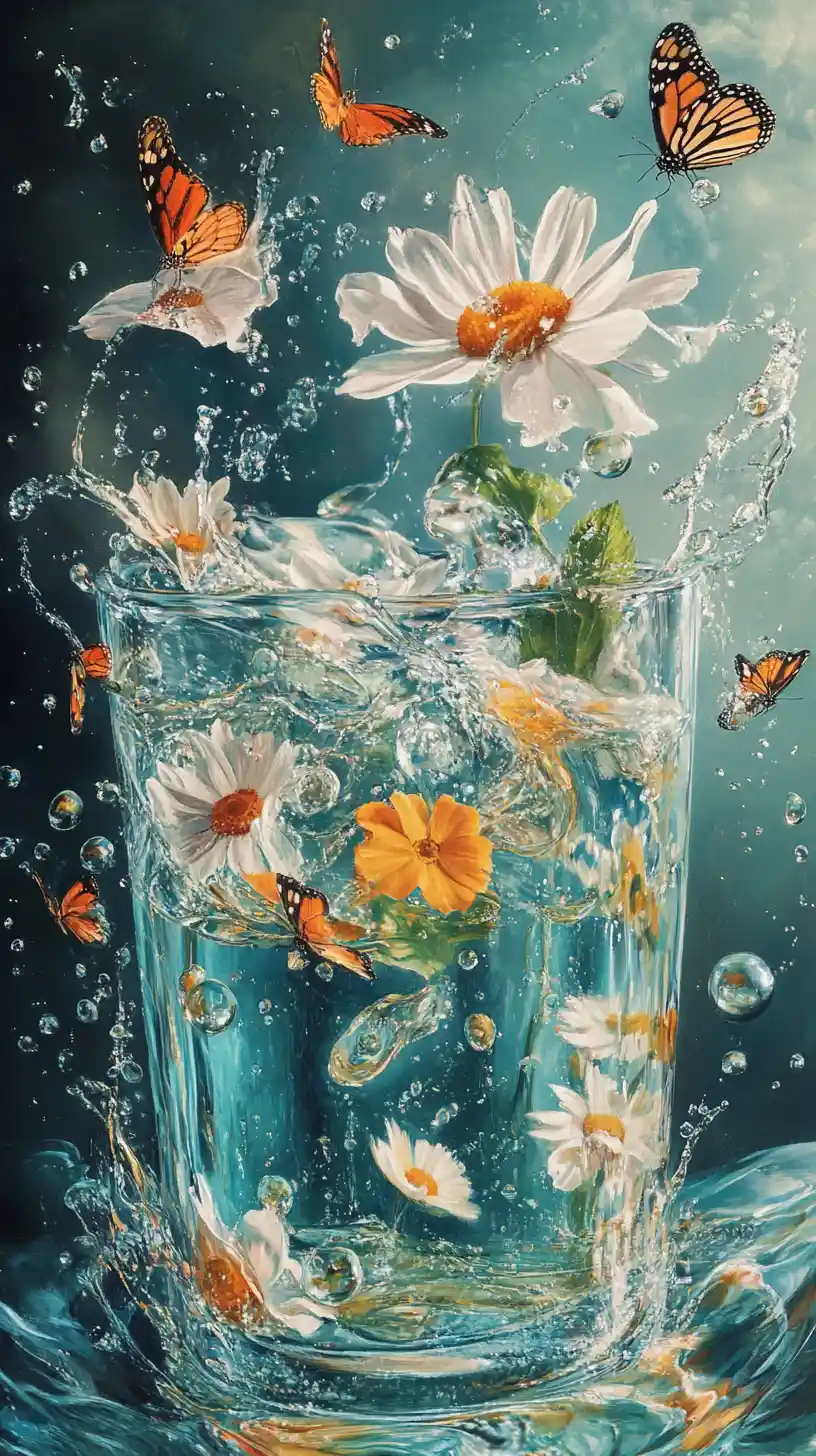 Surreal teal pencil underwater with daisies and butterflies