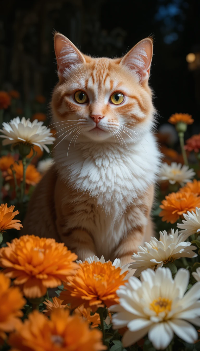 Gato atigrado naranja entre claveles en una noche tranquila