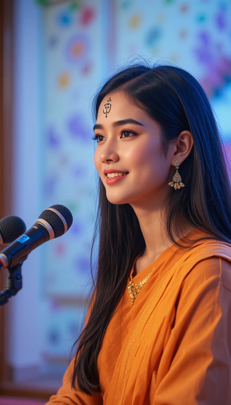 Young Indian storyteller speaking softly on devotional stage