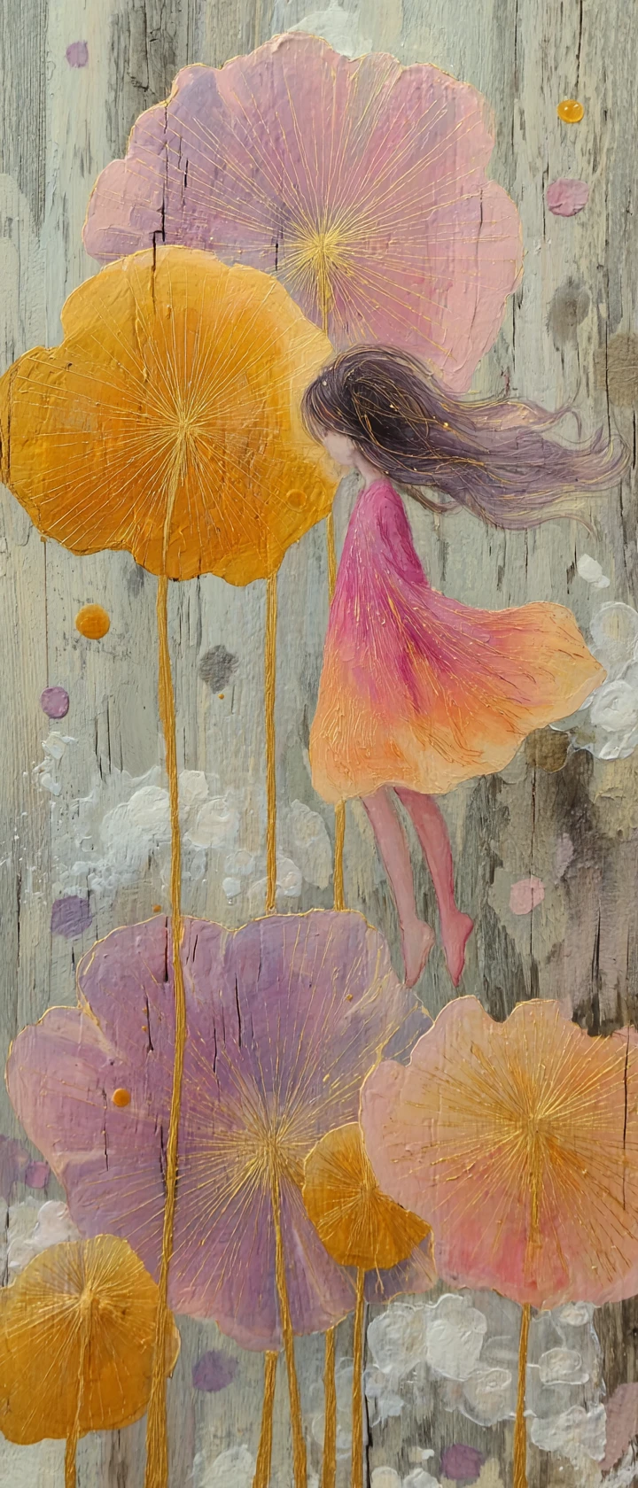 Dreamy girl floating among giant dandelion inspired flowers