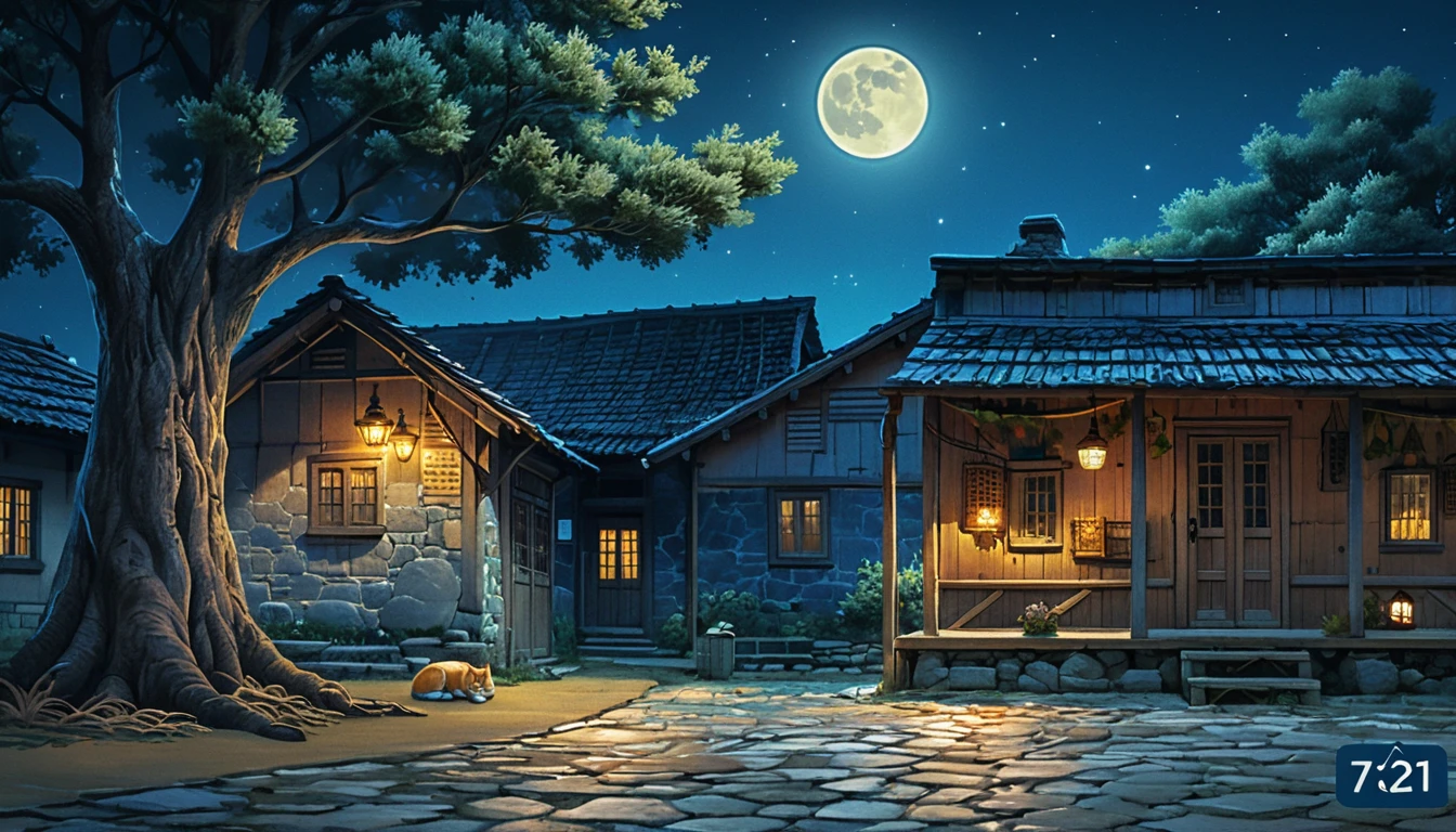 Maisons de campagne paisibles sous un ciel nocturne étoilé baigné de clair de lune