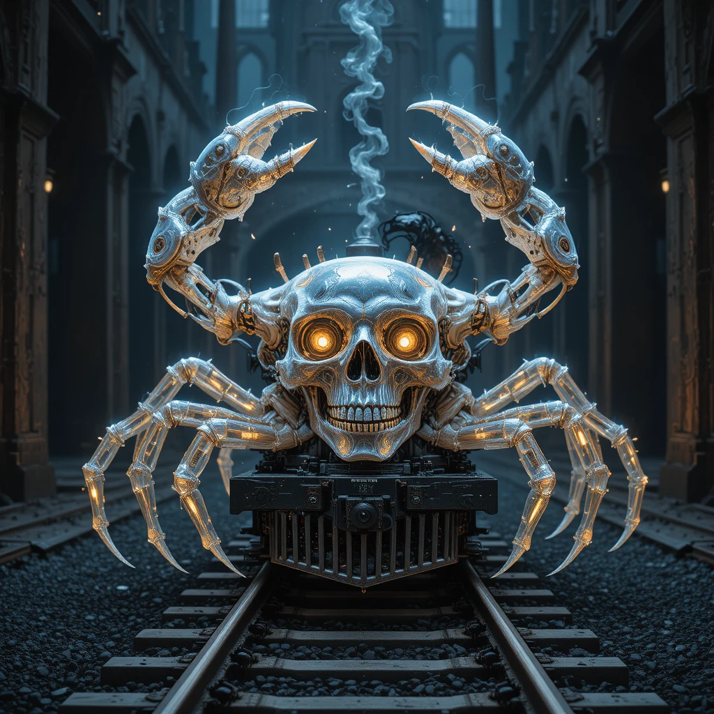 Criatura híbrida de calavera en los ardientes portales del ferrocarril del infierno