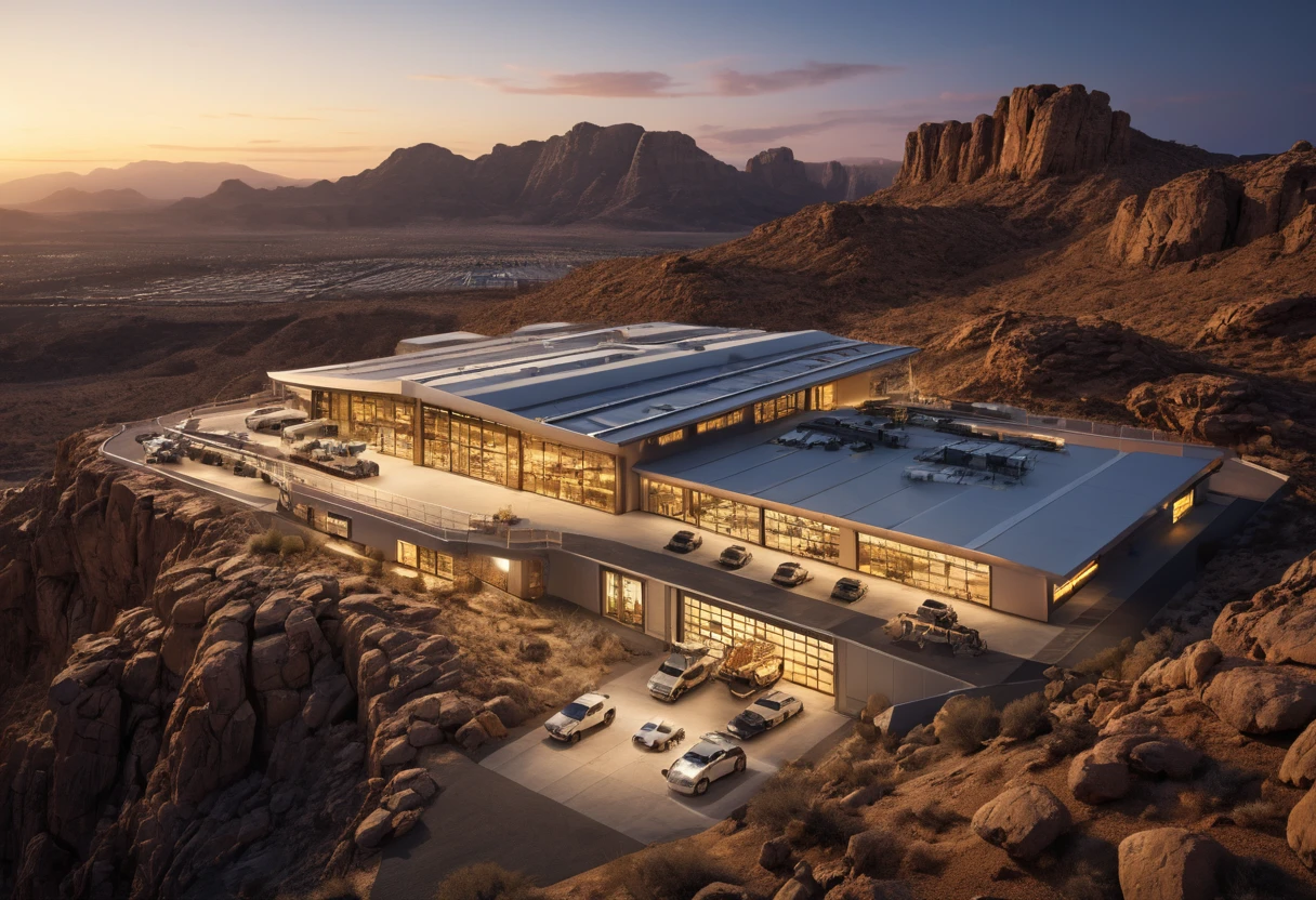 High tech hangar base glowing over desert at sunset