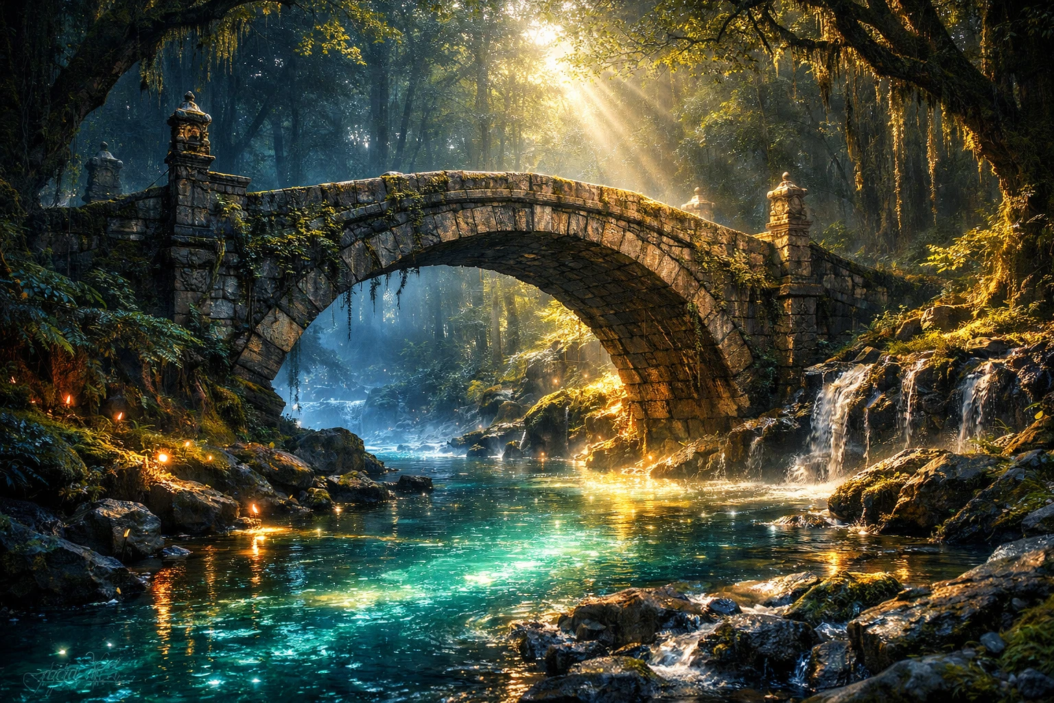 Ancient stone bridge over glowing river in enchanted forest