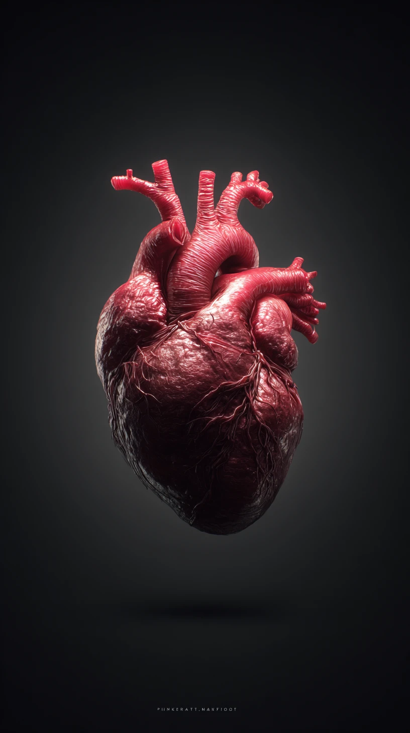 Solitary Human Heart Floating In Minimalist Darkness