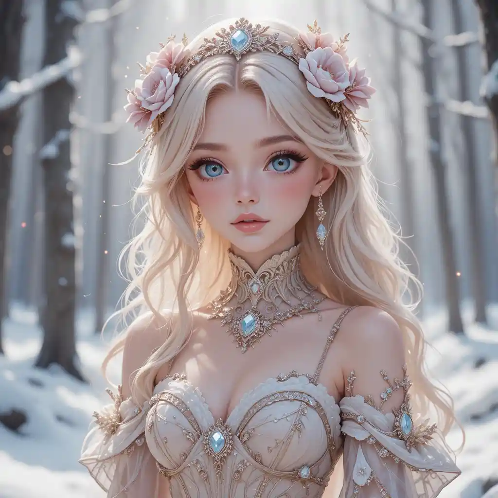 Garota de anime com vestido ornamentado em uma floresta de fantasia nevada