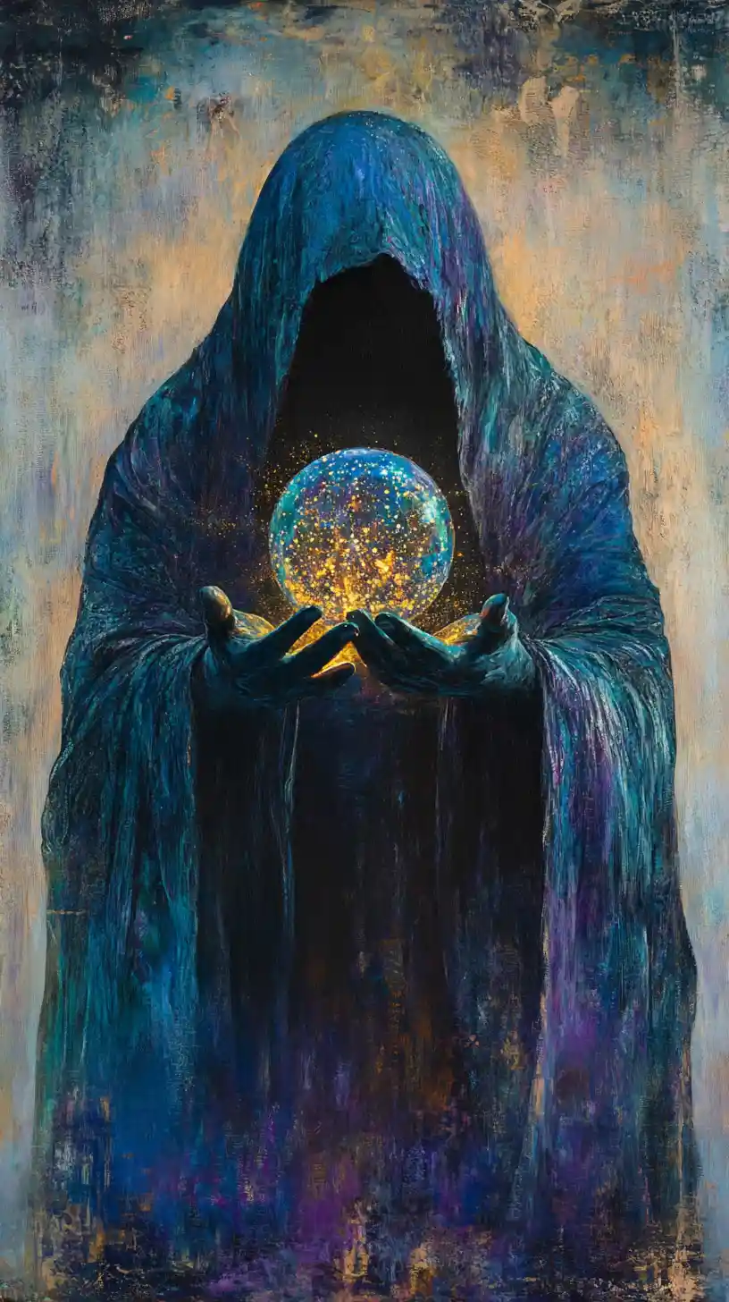 Hooded figure holding a glowing orb in soft mystical light