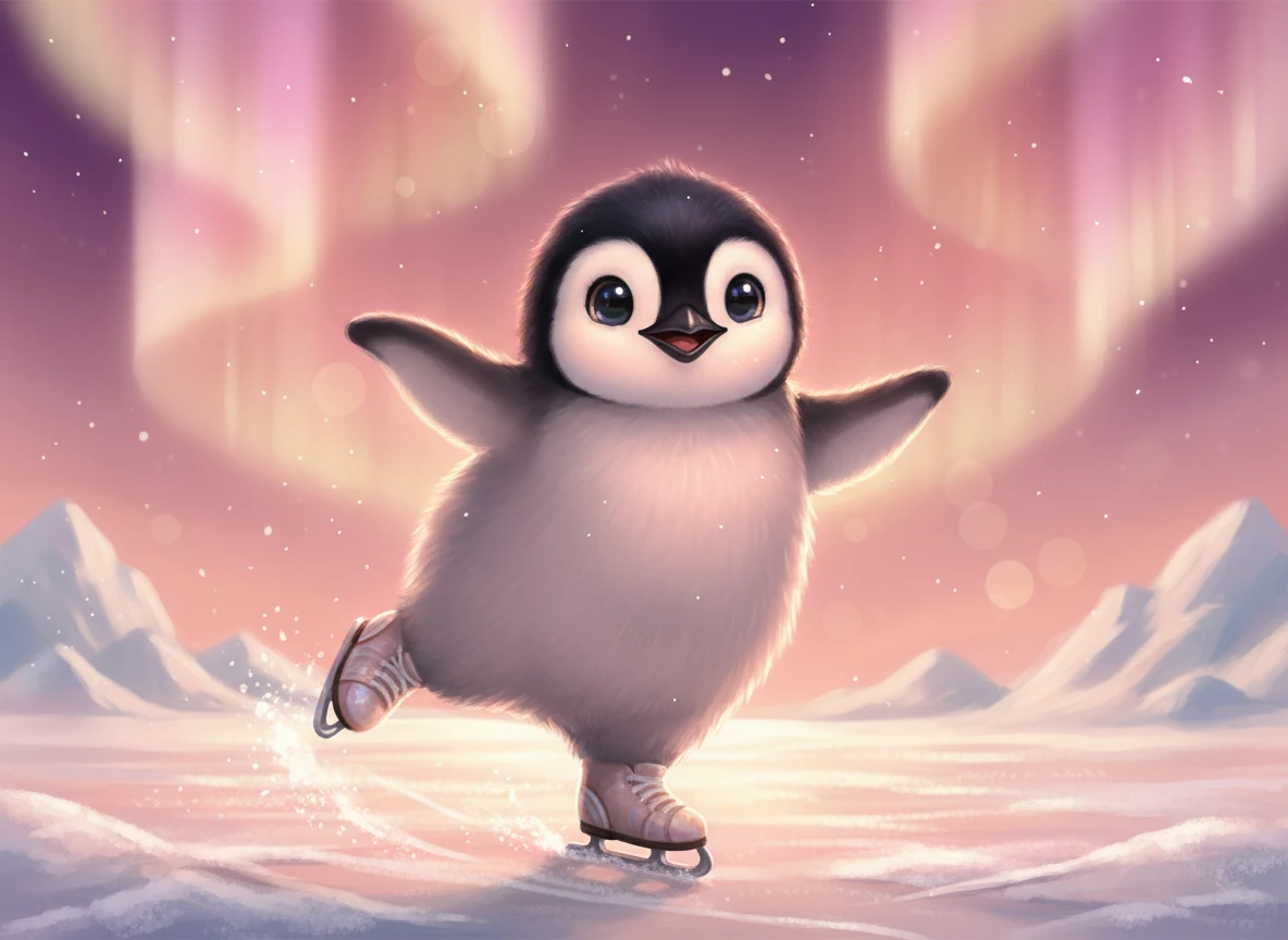 Allegro cucciolo di pinguino che danza su pattini di ghiaccio a forma di conchiglia