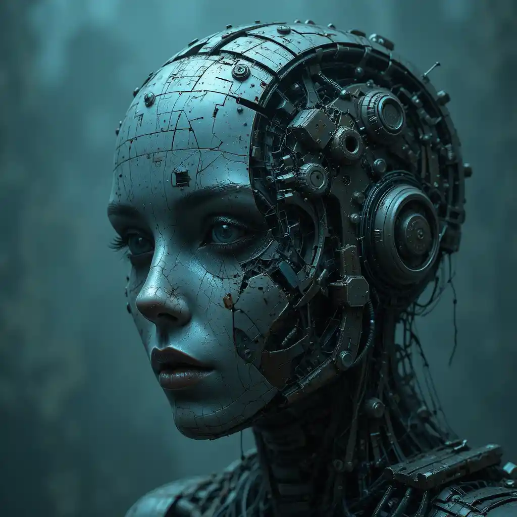 Broken android face in glitch art dystopian decay