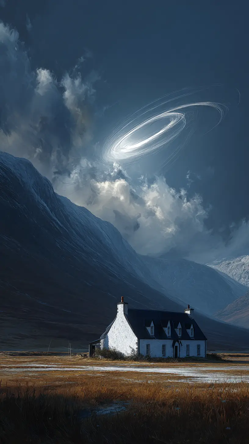 Whitewashed Scottish house beneath hovering glowing oval light