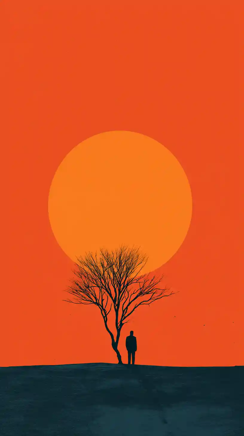 Minimalist silhouette under a bare tree at setting sun