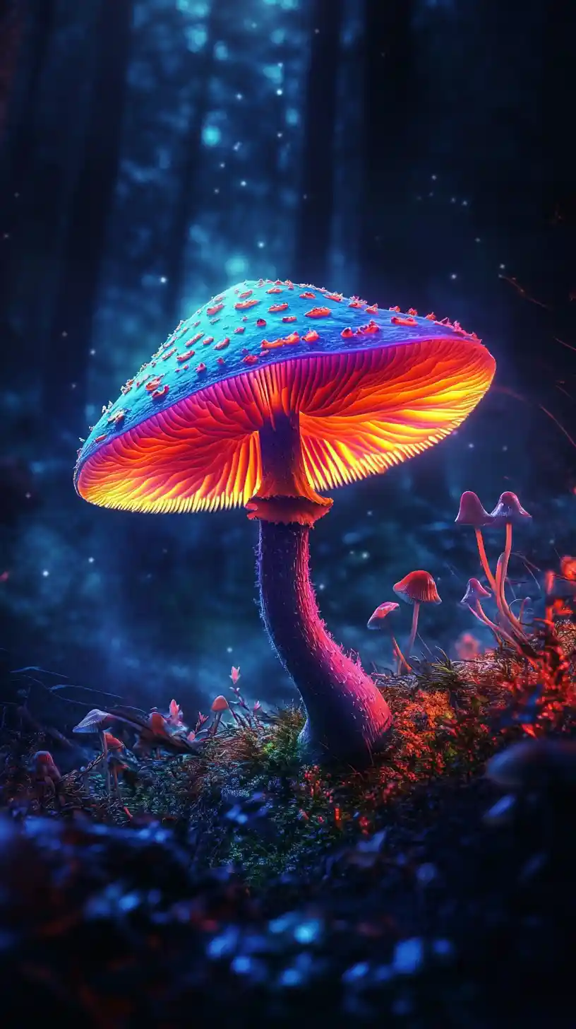 Fantastical Neon Mushroom Rising From Shadowy Forest