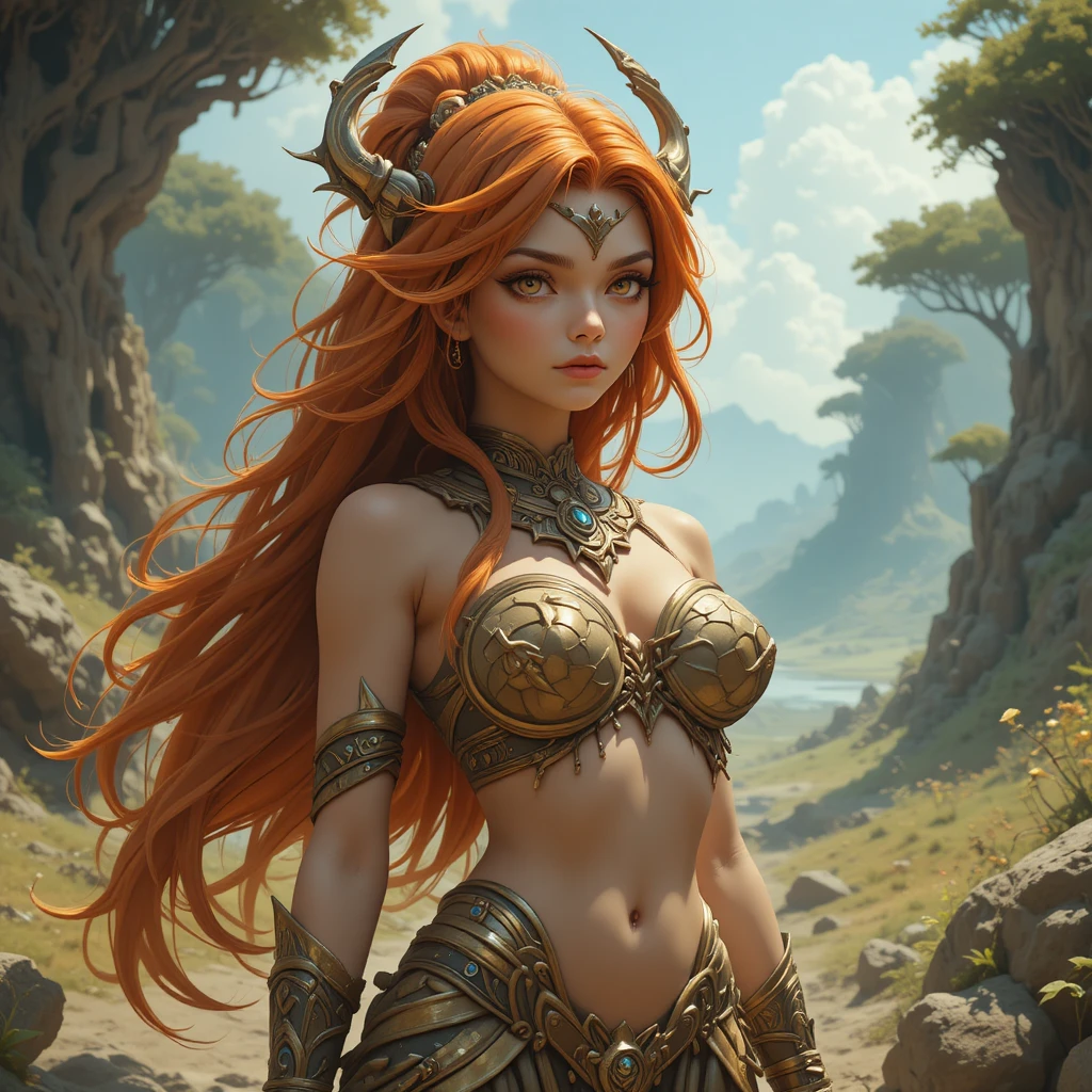 Young earth goddess with light red eyes and dark orange hair
