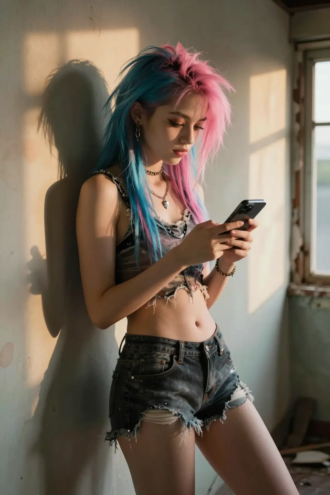Punk girl with colorful hair checking her phone