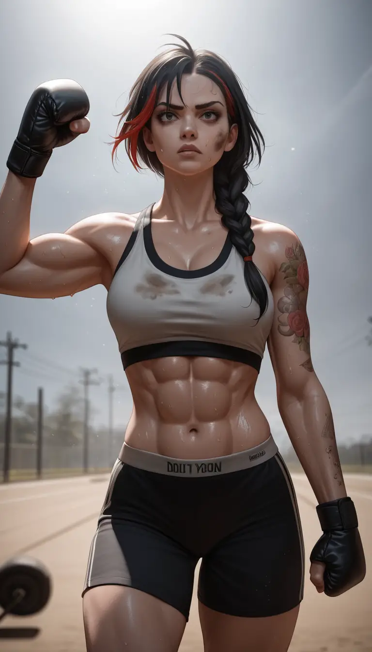 Fierce female fighter punching a dusty boxing bag