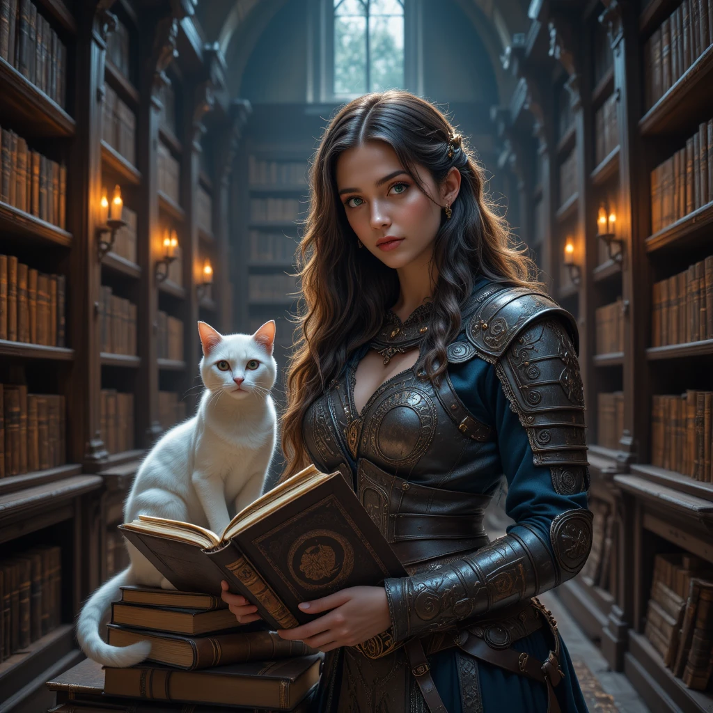 Mujer guerrera leyendo en una biblioteca de fantasía medieval