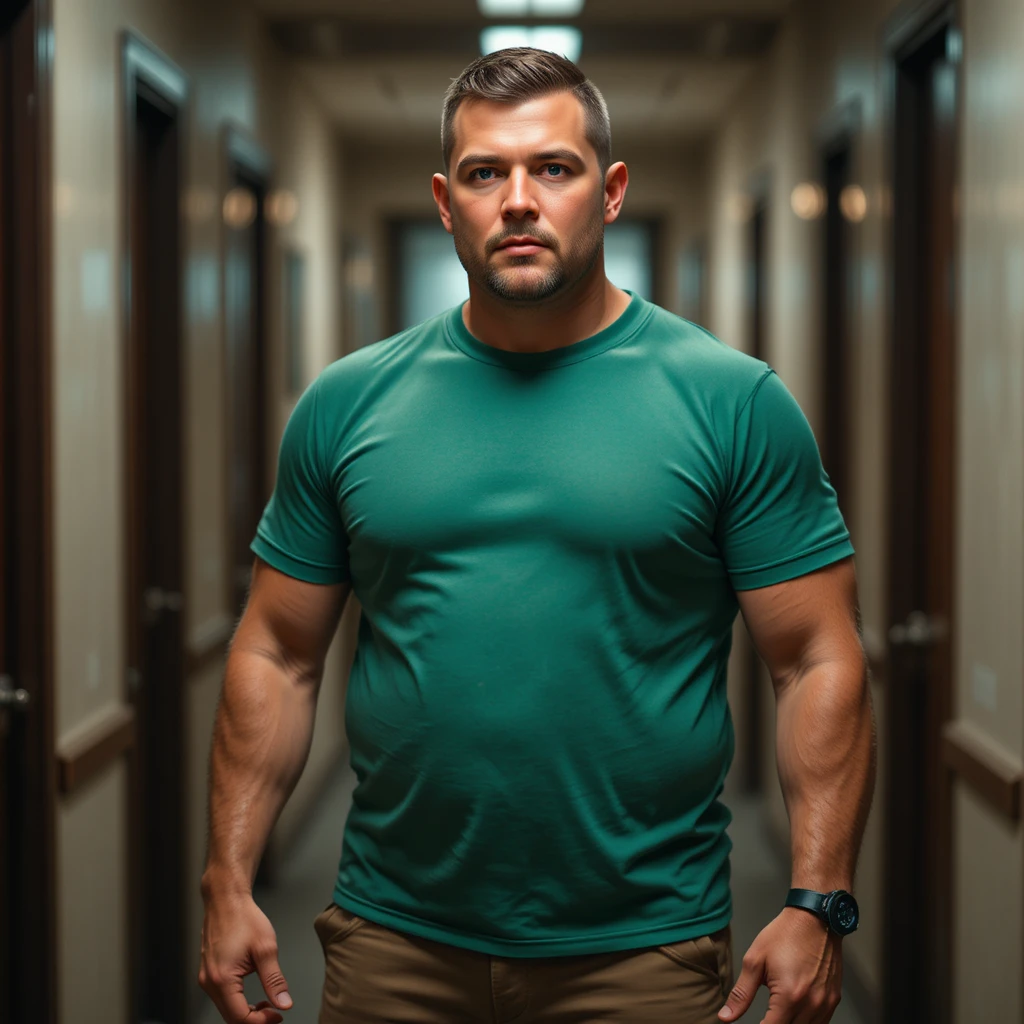 Full body portrait of a middle aged man in hallway