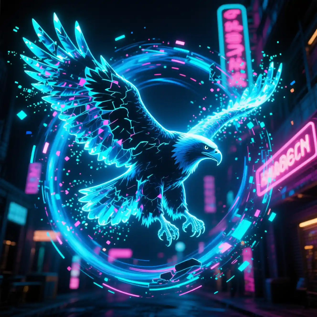 Eagle Dissolving Into Cyan And Azure Particle Vortex
