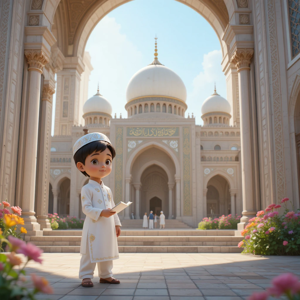Niño pequeño aprendiendo el Corán frente a una mezquita soleada