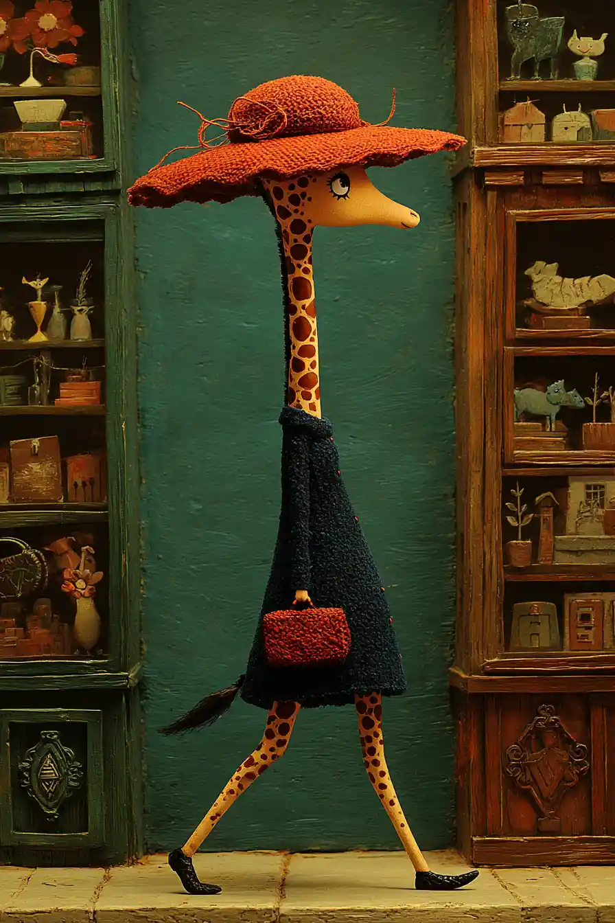 Stylish giraffe walking along a city street in profile