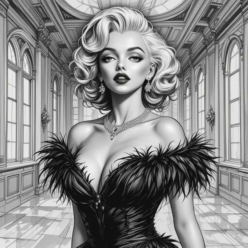 Glamorous blonde woman in black dress in luxury room