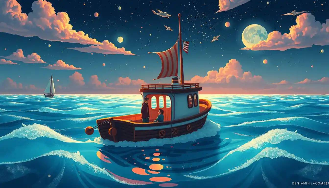 Whimsical 3D boat scene on the dreamy sea
