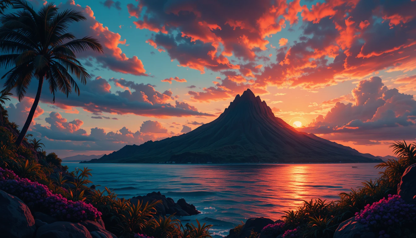 Illustration einer hawaiianischen Insel unter leuchtendem Sonnenuntergangshimmel