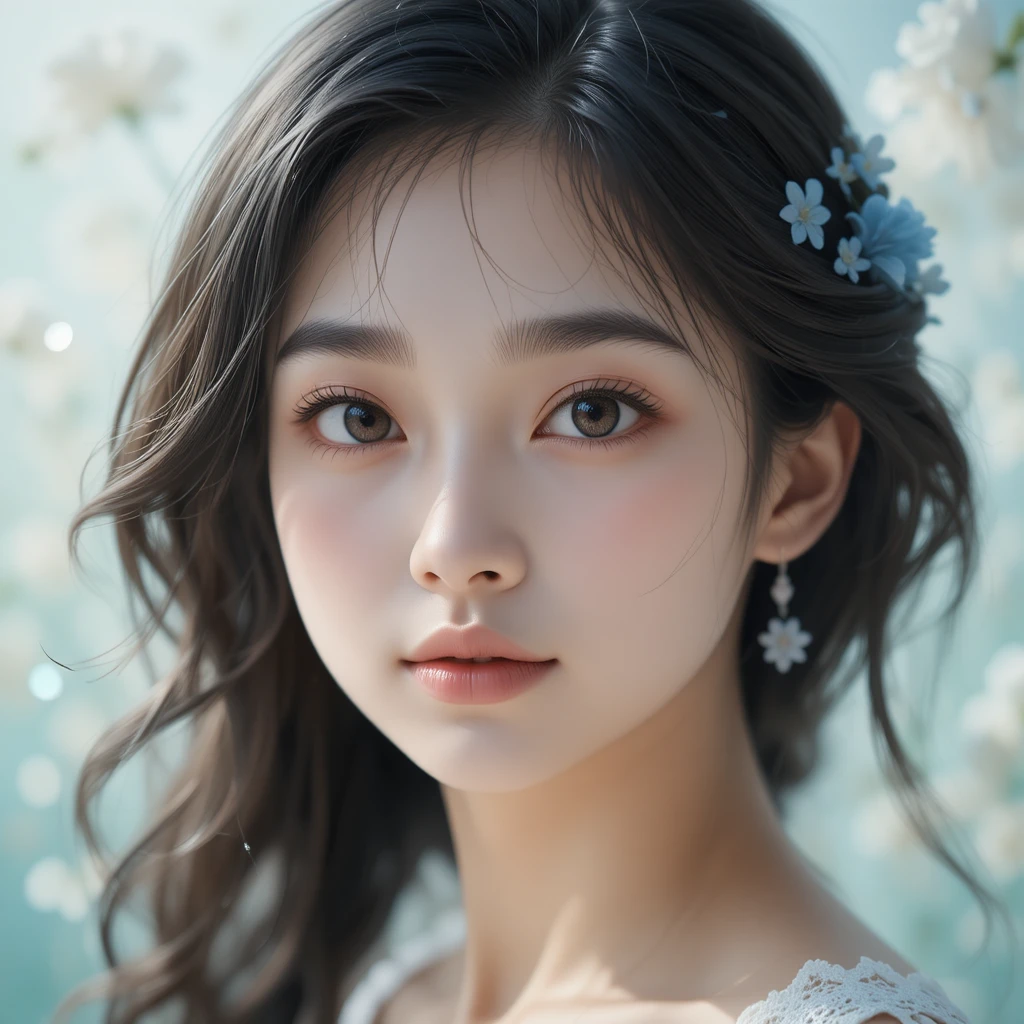 柔和花卉背景中的年輕亞洲女孩肖像