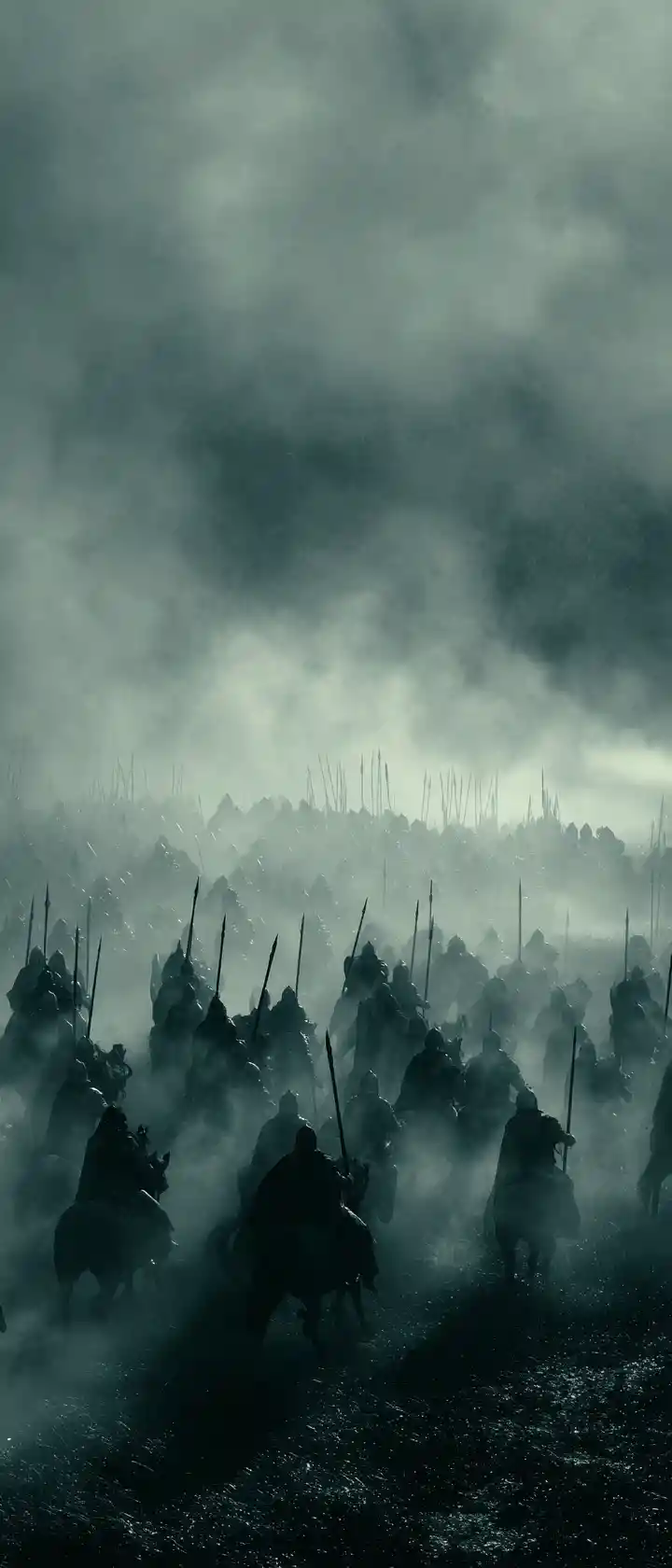 Fog shrouded fantasy battlefield with shadowy warriors